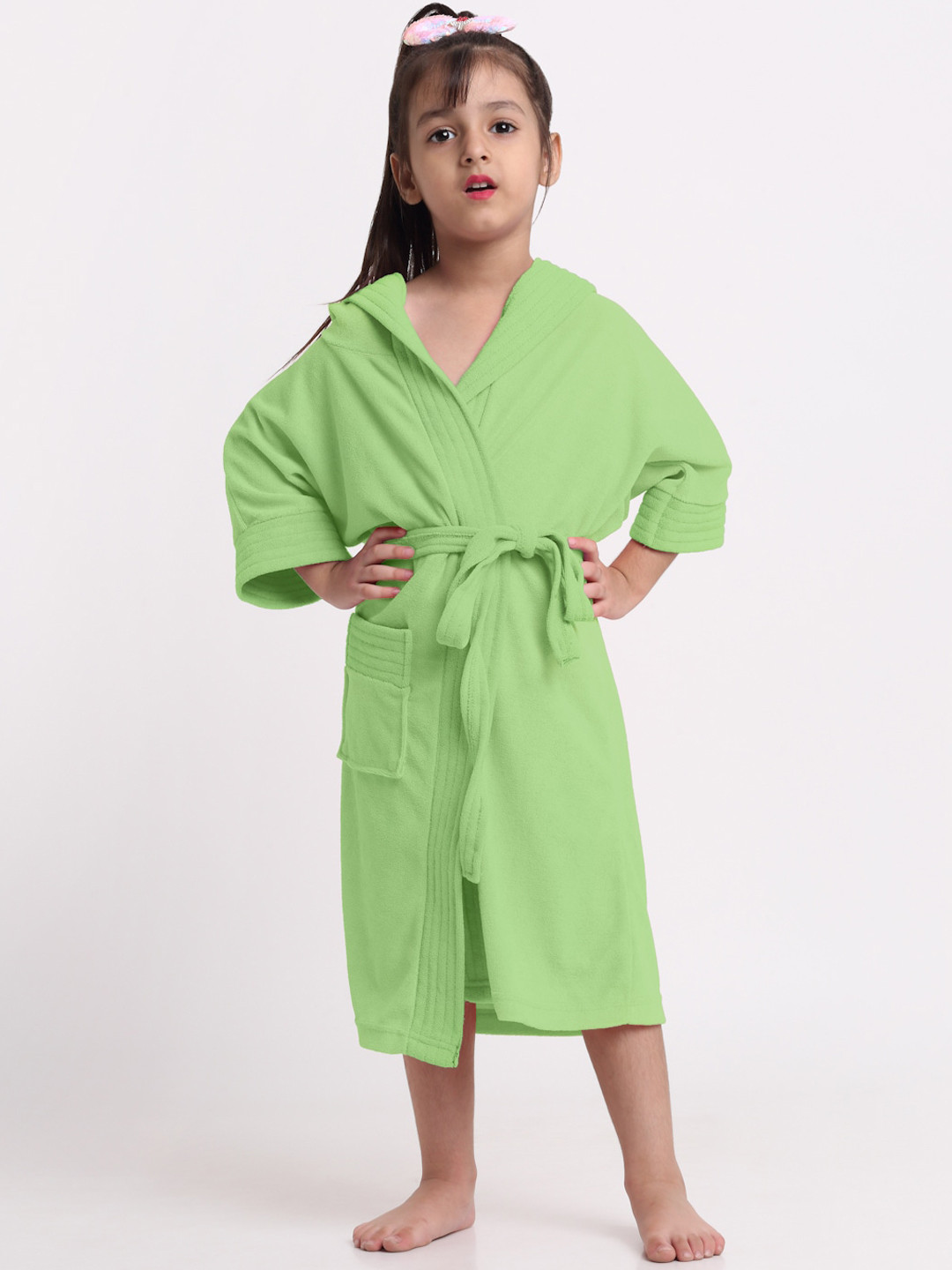 Creeva Melodious Green Solid Terrycloth Drawstring Midi Bath Robe-6-7Y