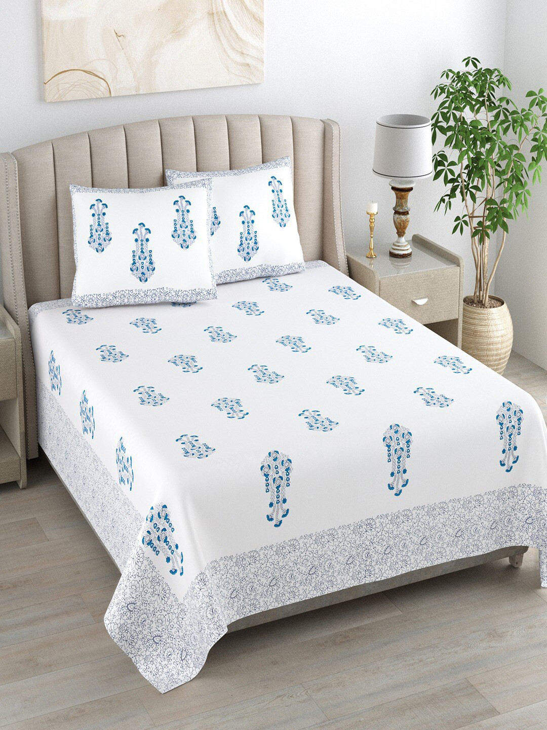 Bombay Spreads White & Turquoise Blue Floral Cotton 180 TC King Bedsheet & 2 Pillow Covers