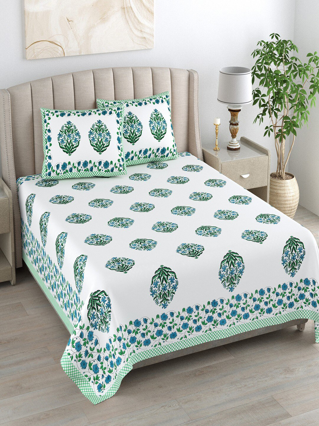 Bombay Spreads Uniqchoice White Floral Pure Cotton 180 TC King Fine Bedsheet with 2 Pillow Covers-106 x 89 inches