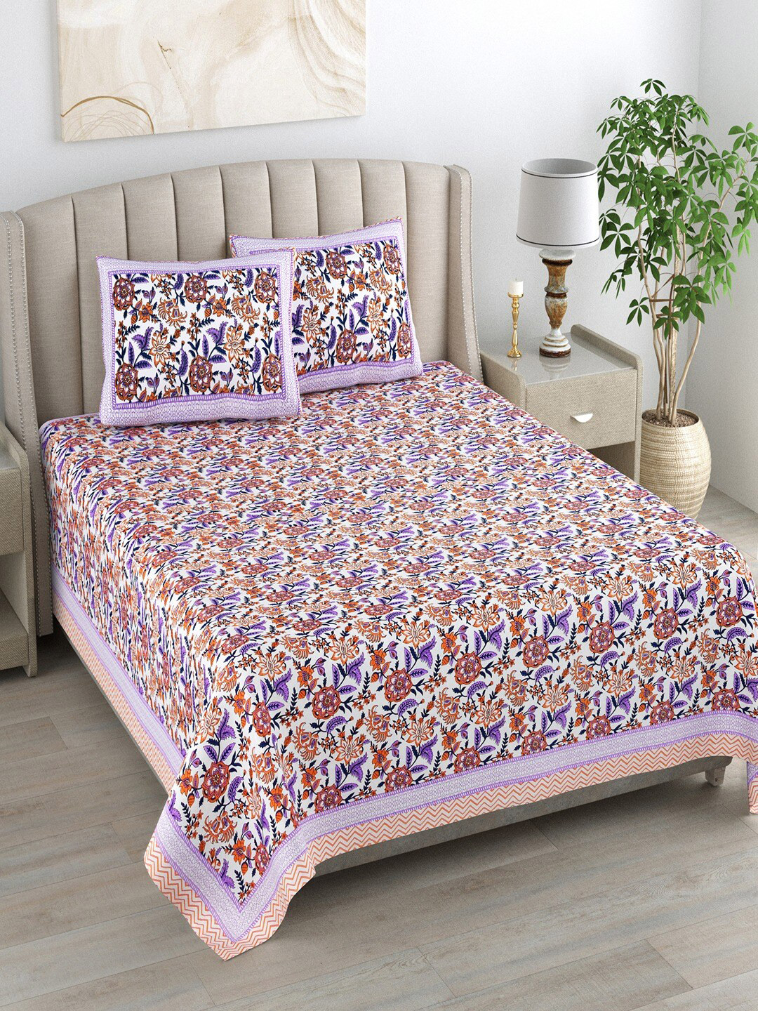 Bombay Spreads Uniqchoice Purple Floral Pure Cotton 180 TC King Fine Bedsheet with 2 Pillow Covers-106 x 89 inches