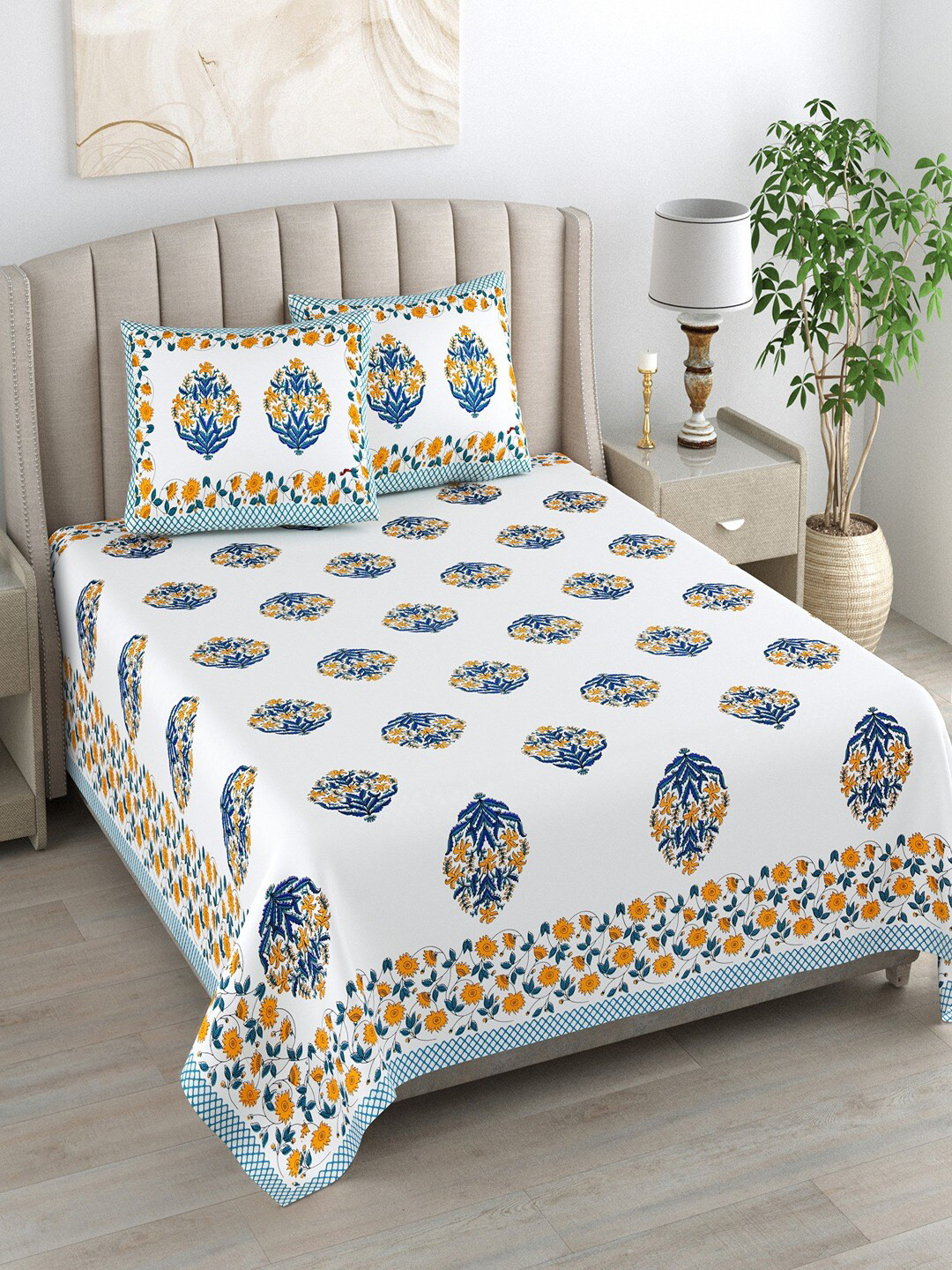 Bombay Spreads Uniqchoice Yellow Floral Cotton 180 TC King Fine Bedsheet with 2 Pillow Covers-106 x 89 inches
