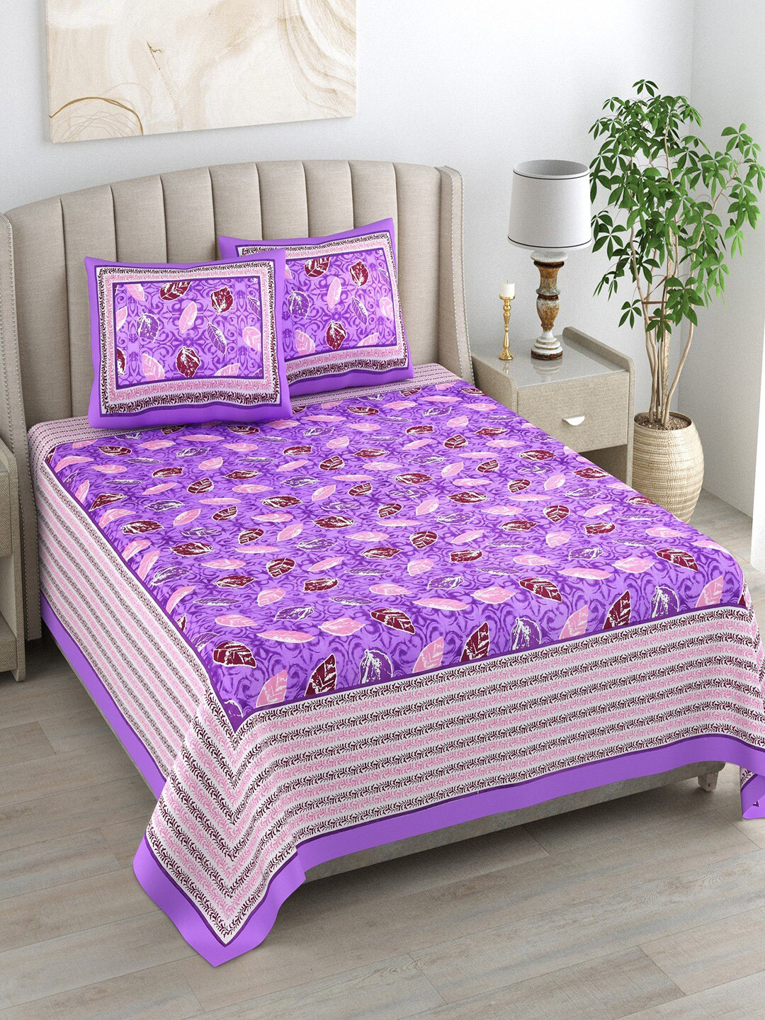 Bombay Spreads Purple Floral Cotton 180 TC King Fine Bedsheet with 2 Pillow Covers-106 x 89 inches