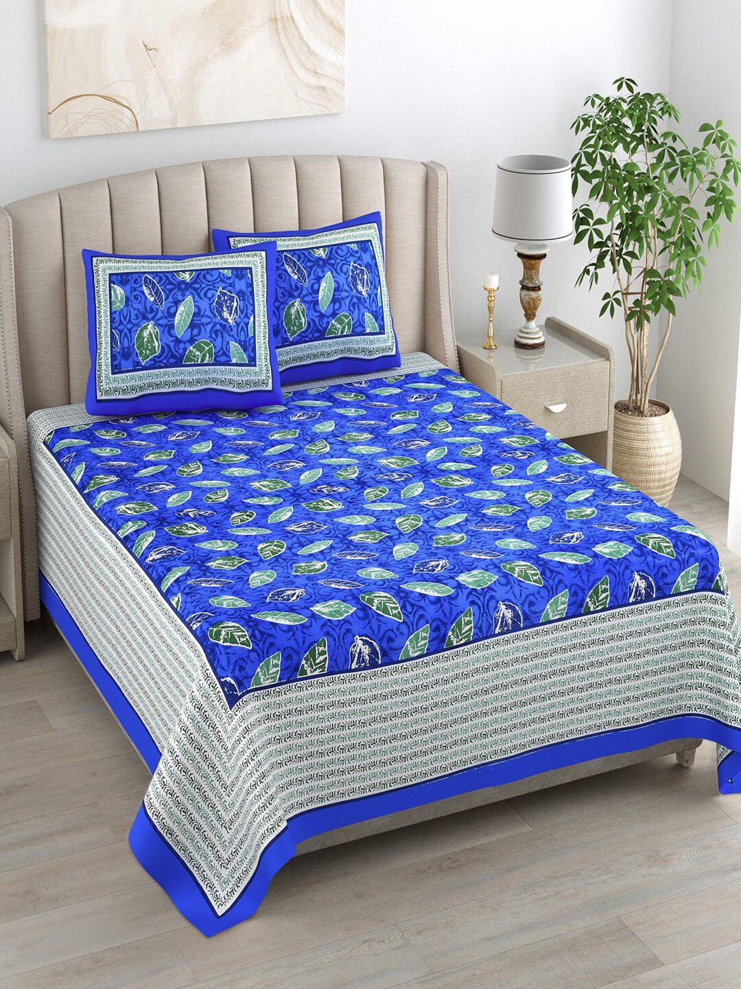 Bombay Spreads Blue Leaf Cotton 180 TC King Fine Bedsheet with 2 Pillow Covers-106 x 89 inches