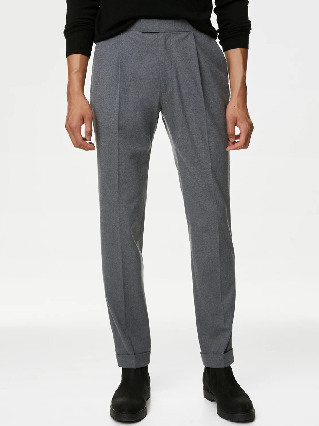 Marks & Spencer Men Mid Rise Straight Fit Plain Pleated Formal Trousers