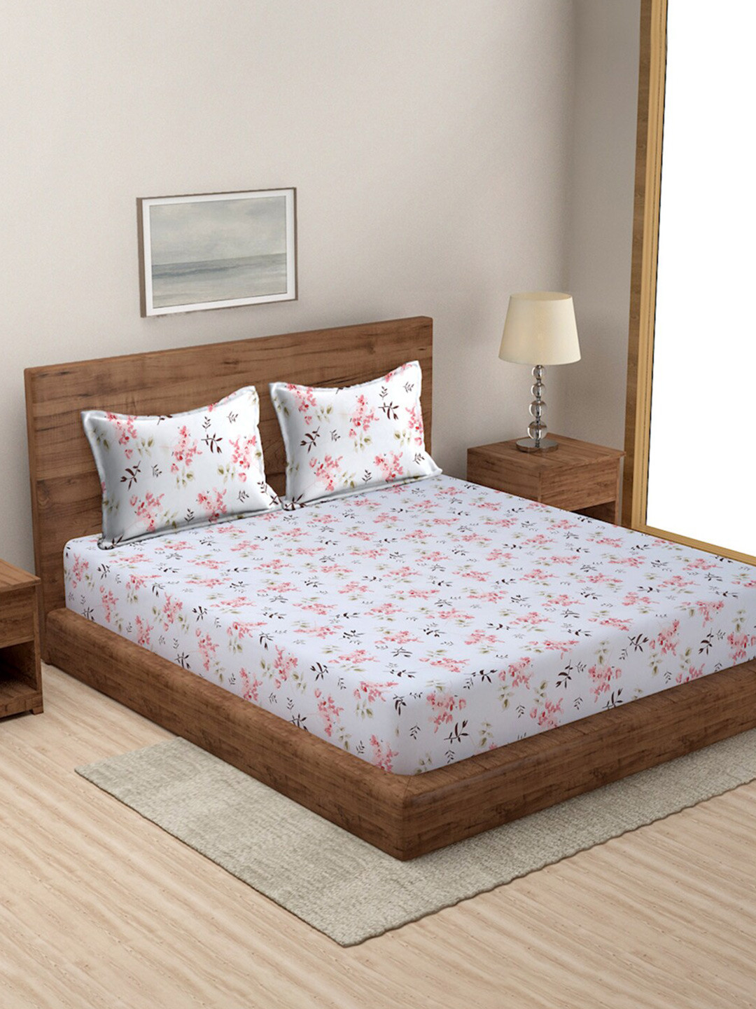 MODEFE Off White Floral Microfiber 144 TC Queen Bedsheet with 2 Pillow Covers-89 x 98 inches