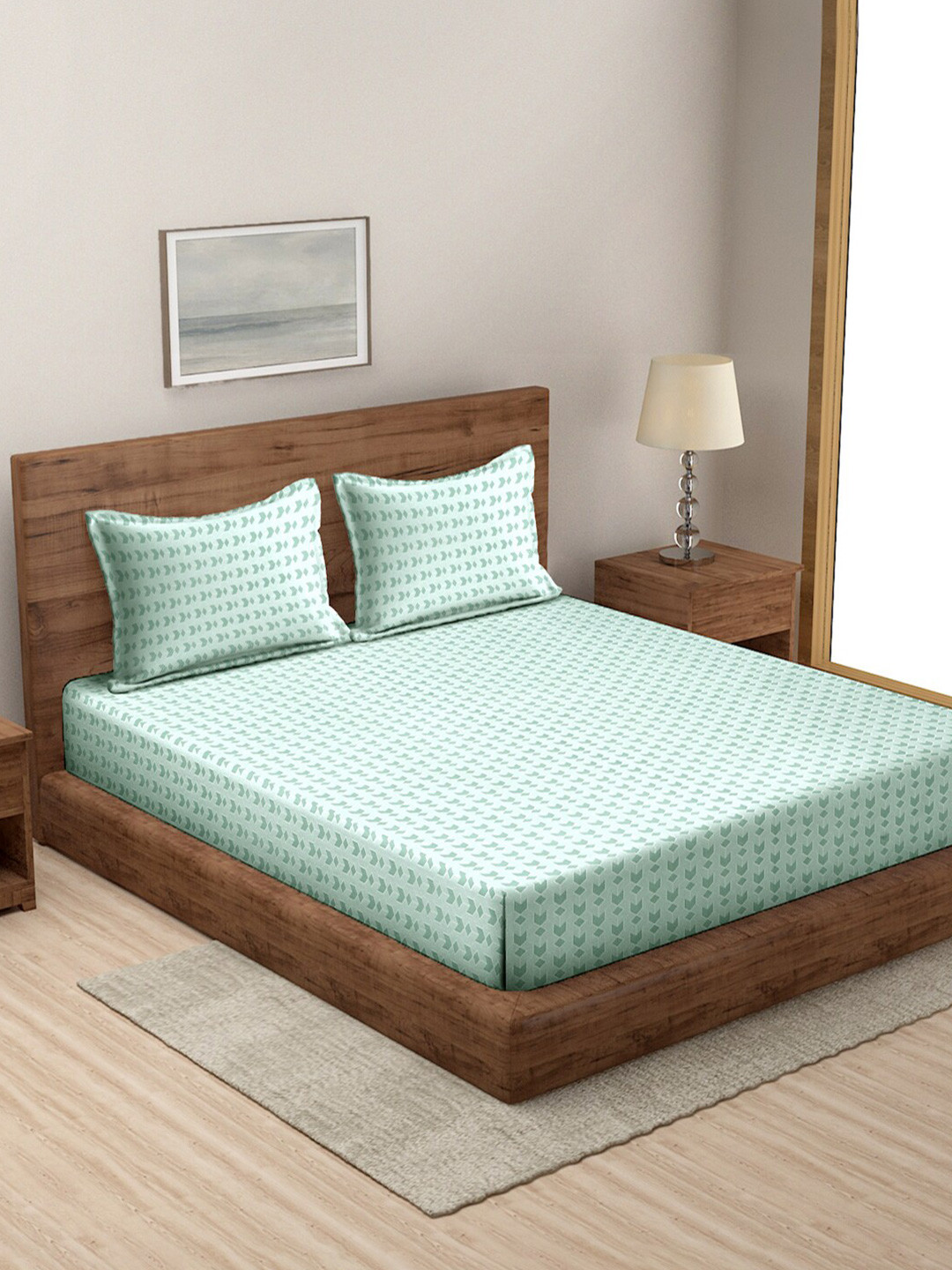 MODEFE Green Geometric Microfiber 144 TC Queen Bedsheet with 2 Pillow Covers-89 x 98 inches