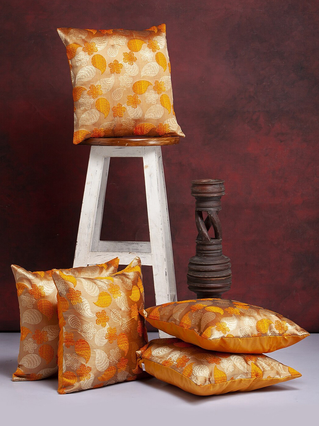 Alina decor 5 Pcs Yellow & Orange Ethnic Motifs Brocade Square Cushion Covers