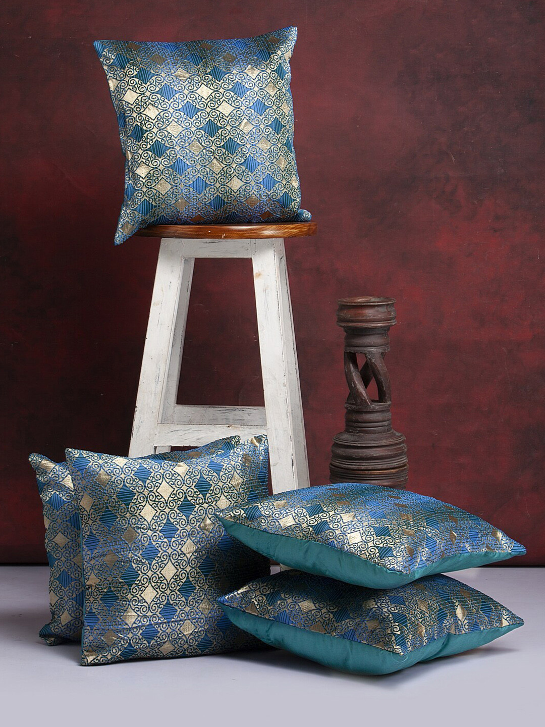 Alina decor 5 Pcs Blue & Gold-Toned Ethnic Motifs Brocade Square Cushion Covers