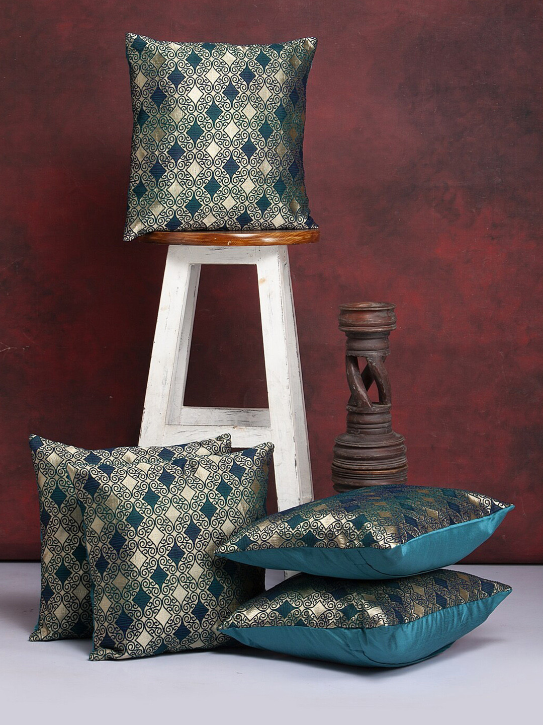 Alina decor 5 Pcs Teal Green & Gold-Toned Ethnic Motifs Brocade Square Cushion Covers