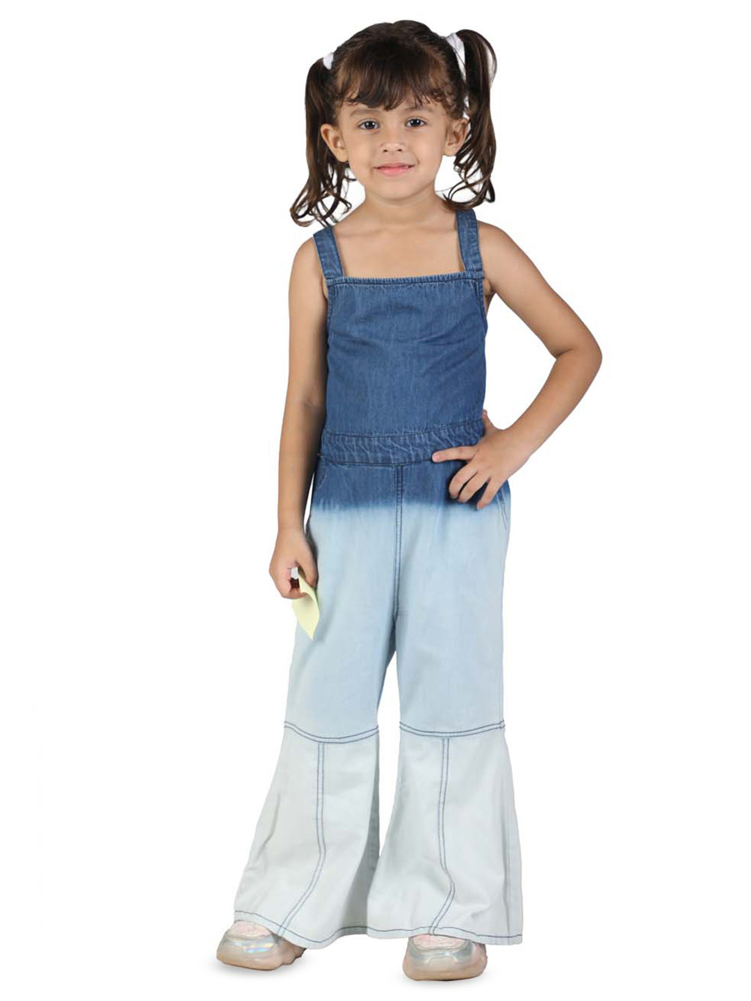 Budding Bees Girls Colourblocked Shoulder Straps Sleeveless Cotton Denim Basic Jumpsuit
