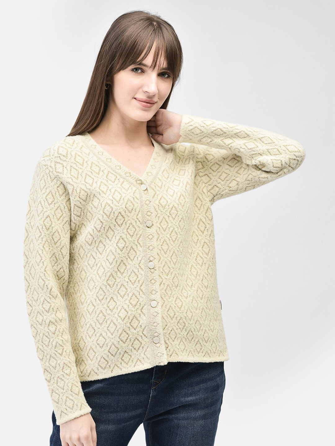 Crimsoune Club Geometric Self Design V-Neck Cardigan