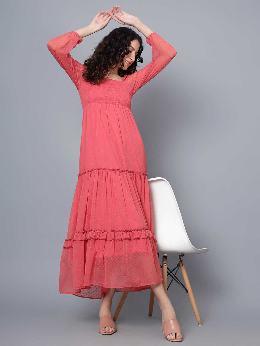 ANVI Be Yourself Self Design Puff Sleeves Tiered Smocking Fit & Flare Midi Dress