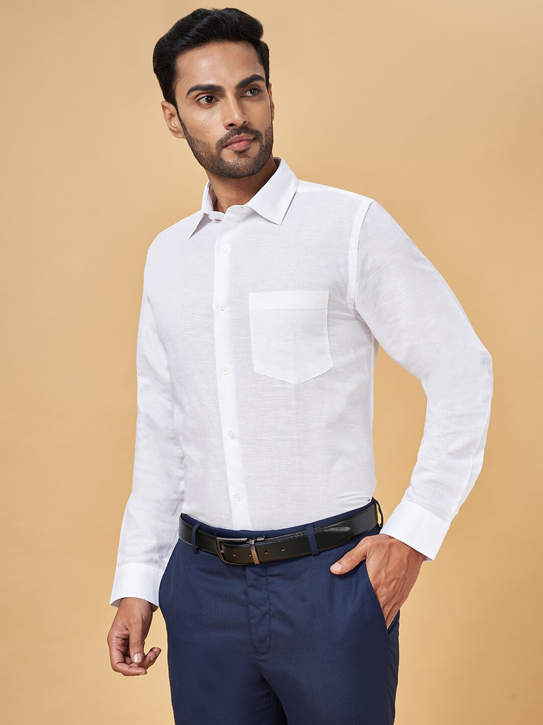 Peregrine by Pantaloons Spread Collar Opaque Cotton Linen Formal Shirt