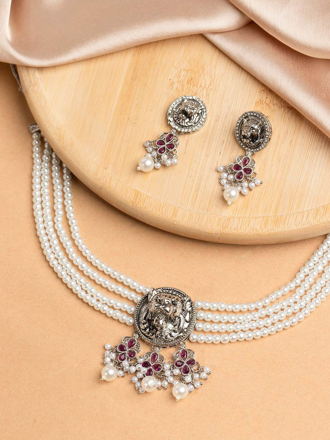 Priyaasi Silver-Plated Stone Studded Pearl Beaded Lion Jewellery Set