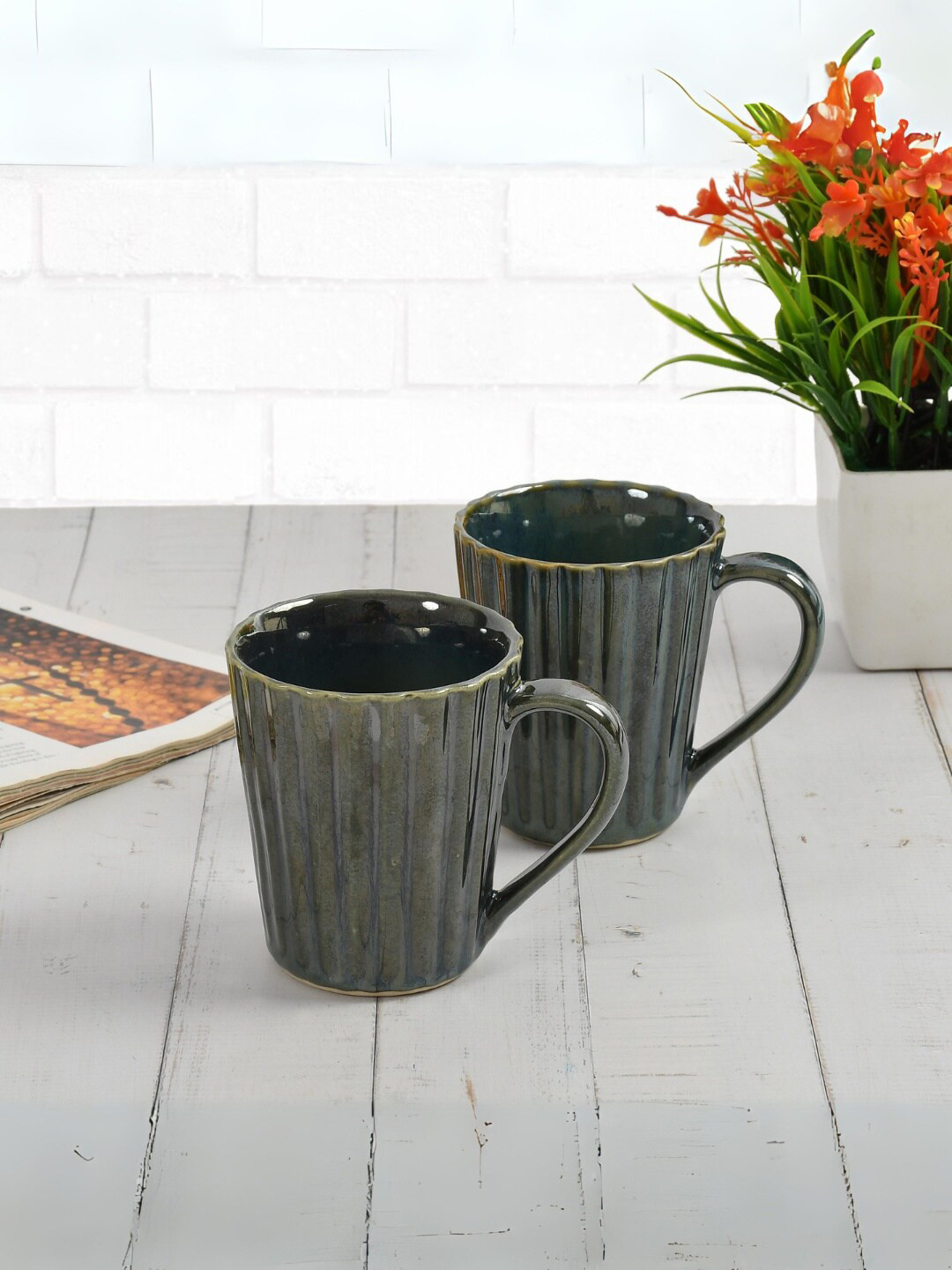 CLIO'S HERITAGE STORE Grey Striped Ceramic Microwave Safe 2 Piece Mugs-300ml