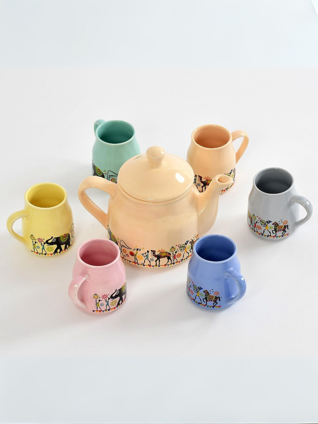 CLIO'S HERITAGE STORE Yellow 7 Pcs Ethnic Motifs Printed Ceramic Glossy Kettle & Cups Set