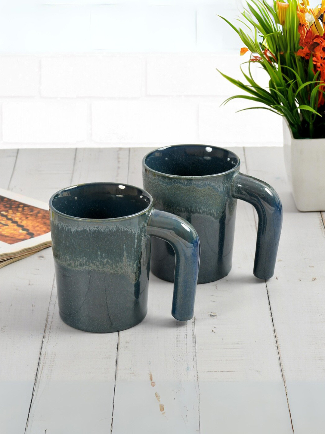 CLIO'S HERITAGE STORE Emoji Green Abstract Ceramic Microwave Safe 2 Piece Mugs-300ml