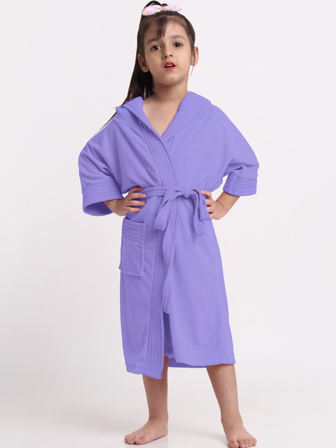 Creeva Melodious Lavender Solid Terrycloth Drawstring Midi Bath Robe-4-5Y