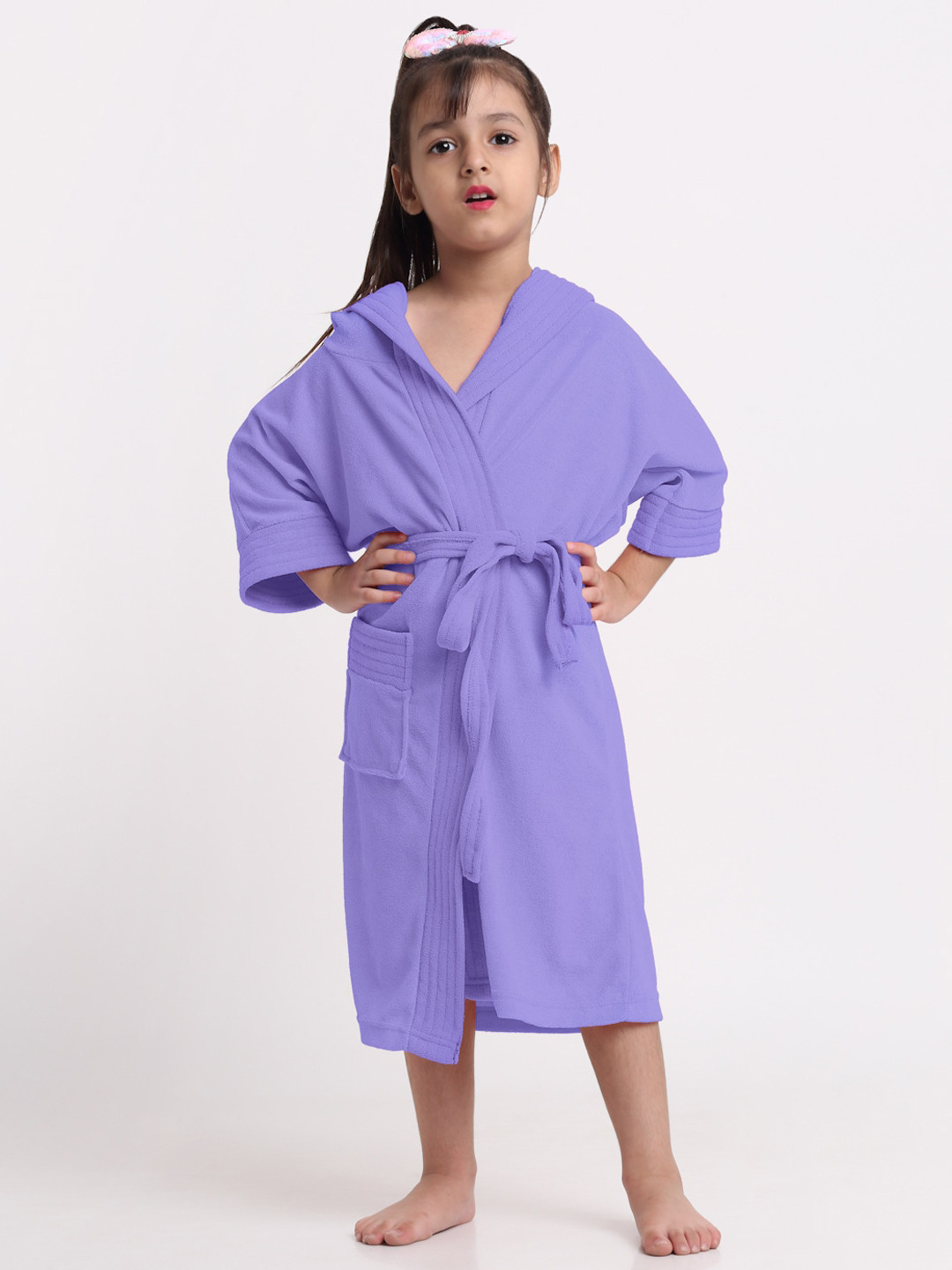Creeva Melodious Lavender Solid Terrycloth Drawstring Midi Bath Robe-14-15Y