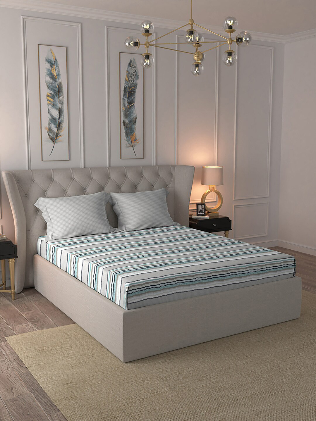 MYTRIDENT Classic Collection Grey Striped Cotton Anti-Microbial 210 TC King Fine Bedsheet with 2 Pillow Covers-108 x 108 inches