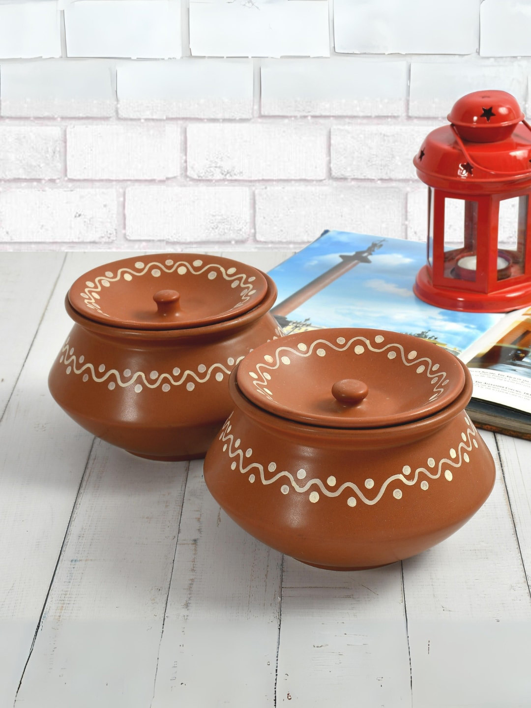 CLIO'S HERITAGE STORE Brown Set Of 2 Ceramic Haandi