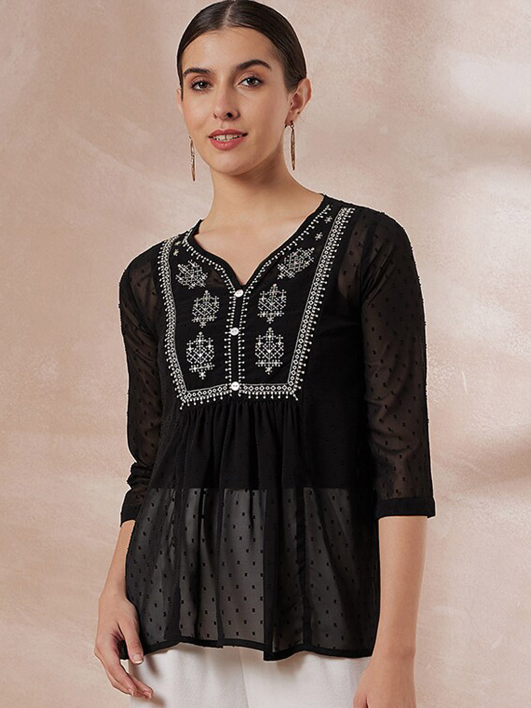 all about you Ethnic Motifs Embroidered Chiffon Tunic