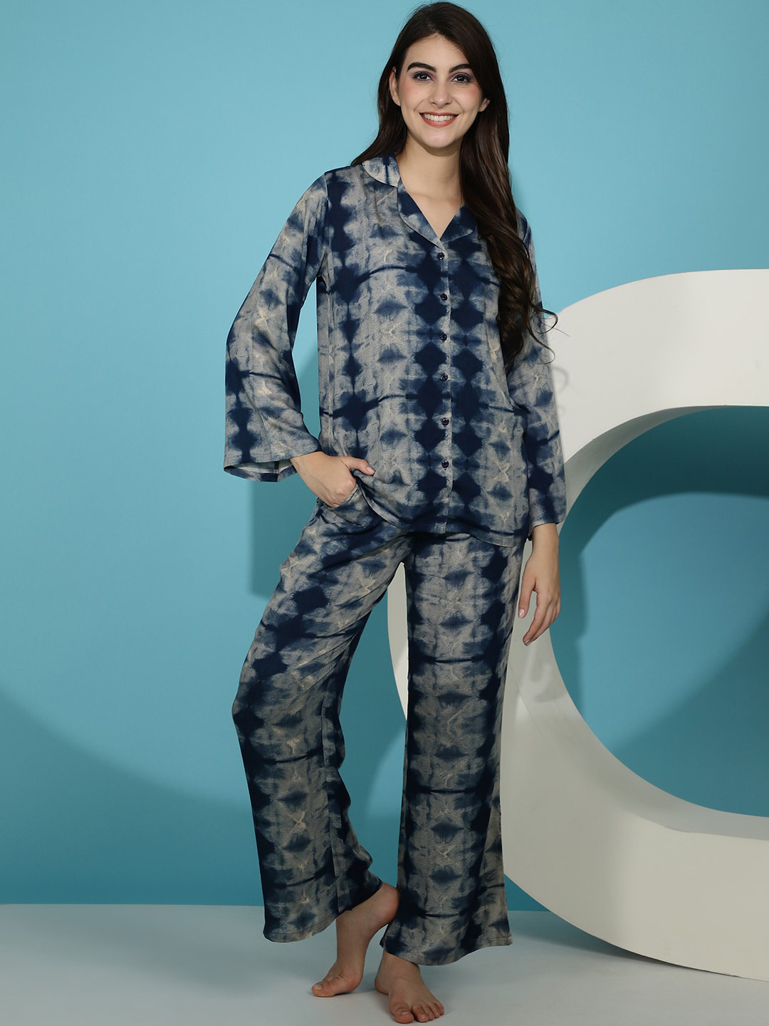 Claura Tie and Dye Lapel Collar Shirt With Pyjamas