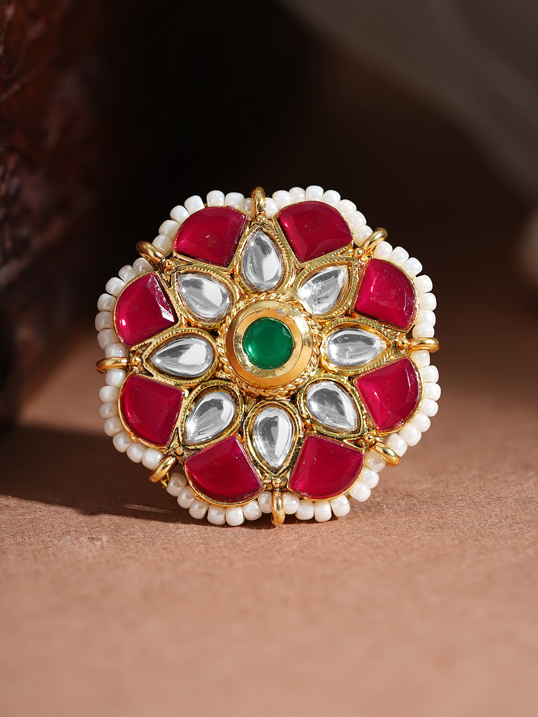 Rubans Women 22K Gold-Plated Kundan-Studded & Pearls Beaded Adjustable Finger Ring