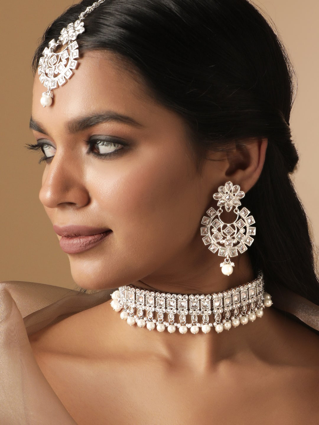 Rubans Rhodium-Plated AD Stone-Studded & Beaded Reverse Jewellery Set With Maangtikka