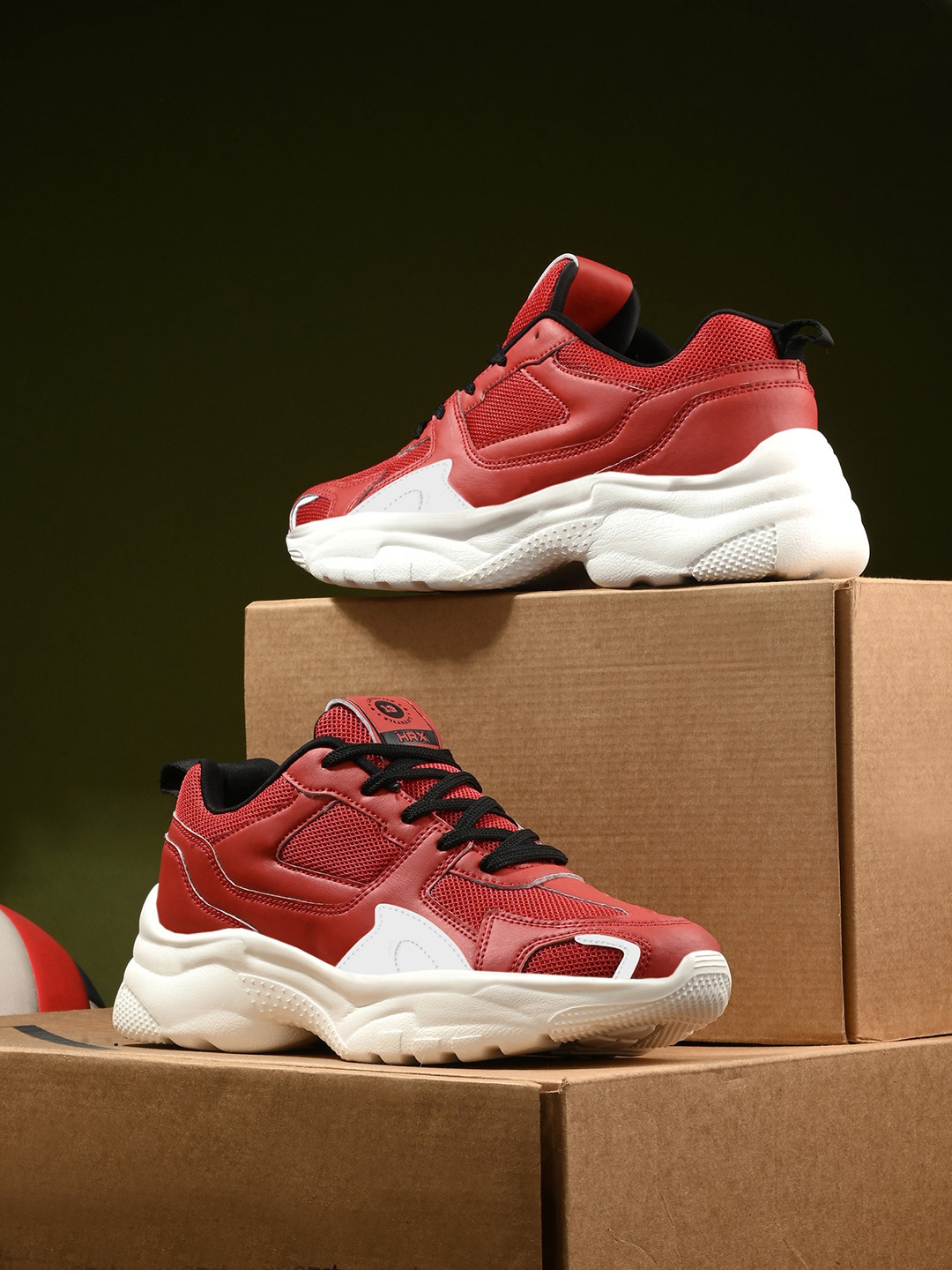 HRX by Hrithik Roshan Women Red Textured Lace-Up Chunky Sneakers