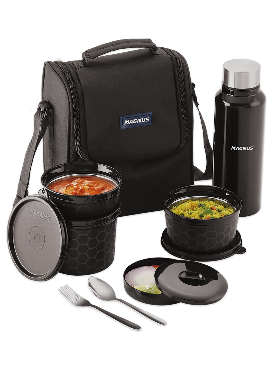 MAGNUS EVA Black Solid Plastic Microwave Safe 6PCs Lunch Box With Spoon and Fork