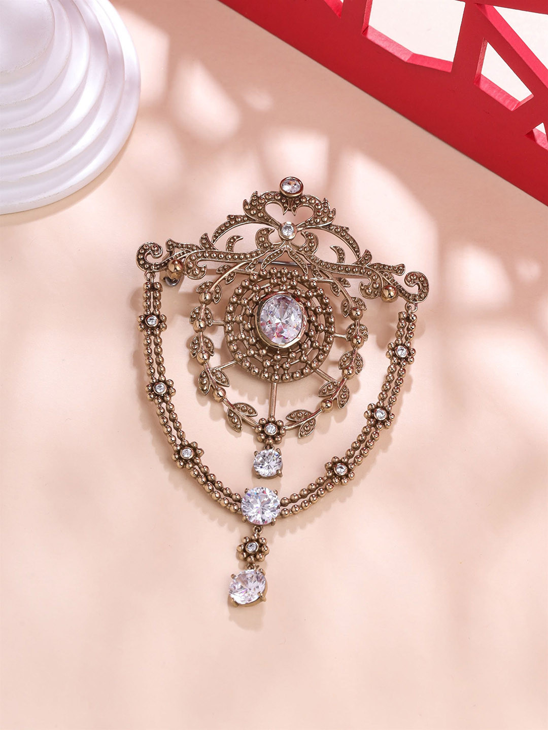 COSA NOSTRAA Men Brass Stones Studded Shield Brooch