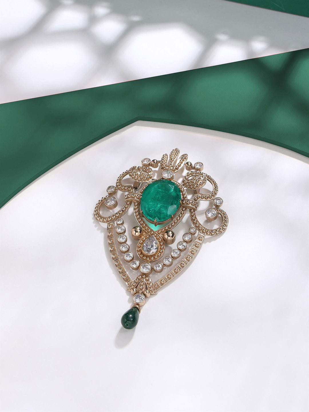 COSA NOSTRAA Men Statement Artificial Stones and Beads Studded Emerald Love Brooch