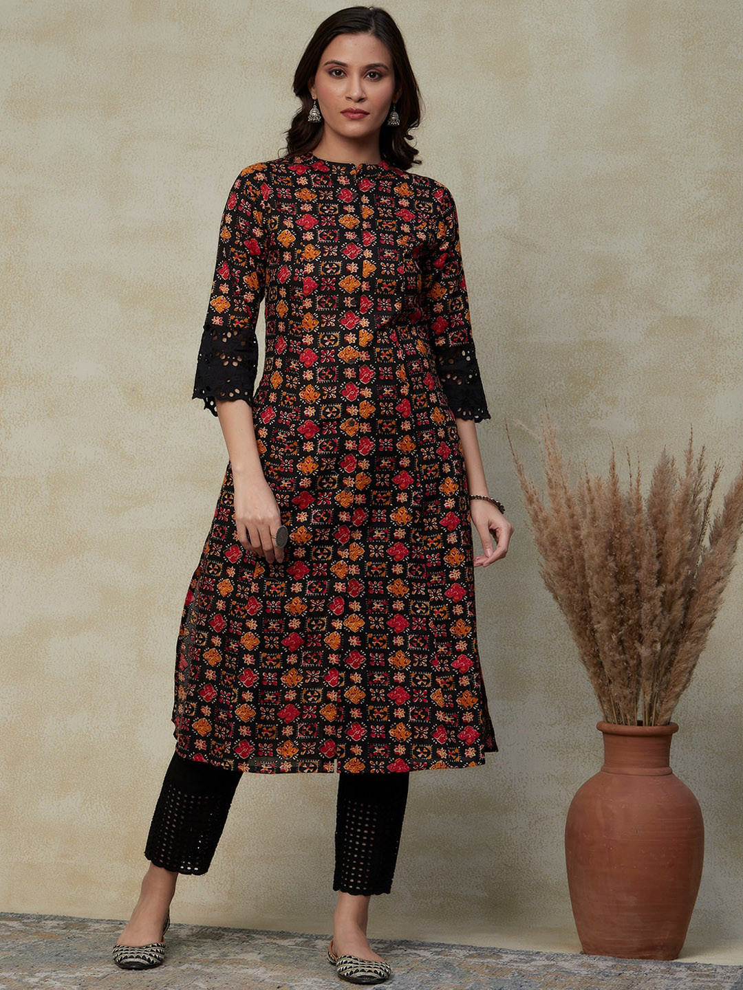 FASHOR Black & Red Ethnic Motifs Printed Schiffli Panelled A-Line Cotton Kurta
