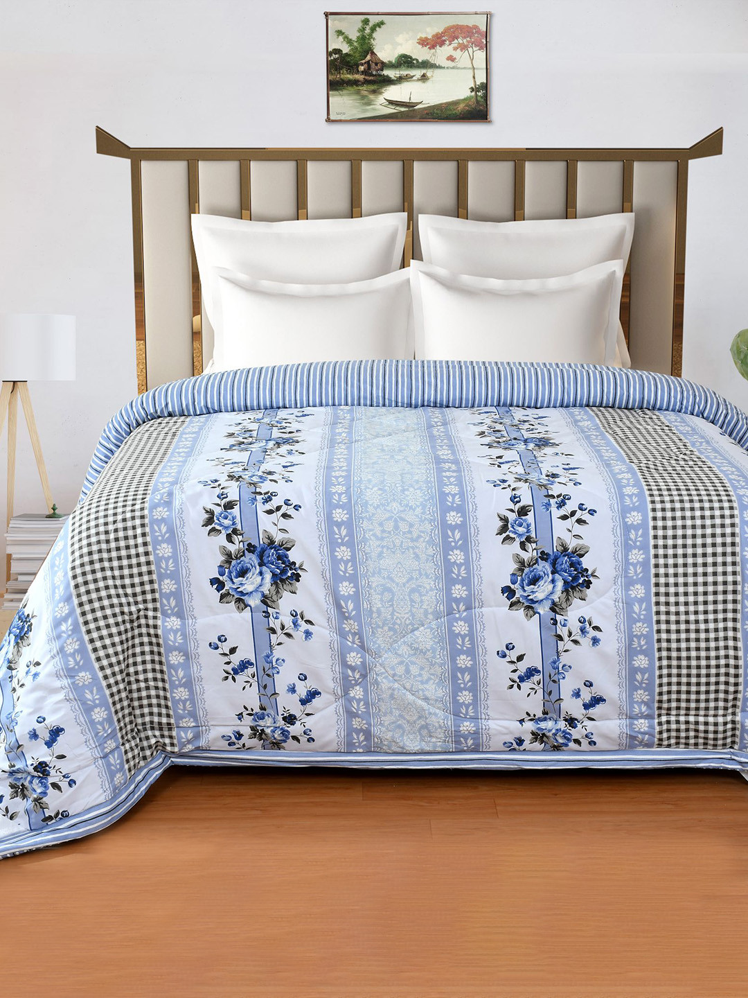 Florida White & Blue Floral Microfiber AC Room Double Bed Comforter