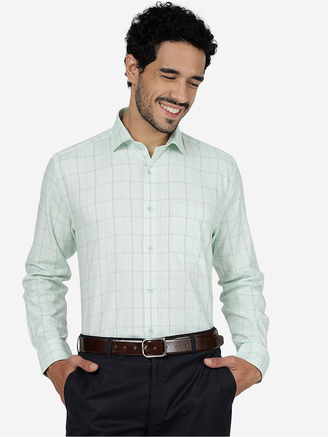 JADE BLUE Windowpane Checked Cotton Opaque Formal Shirt