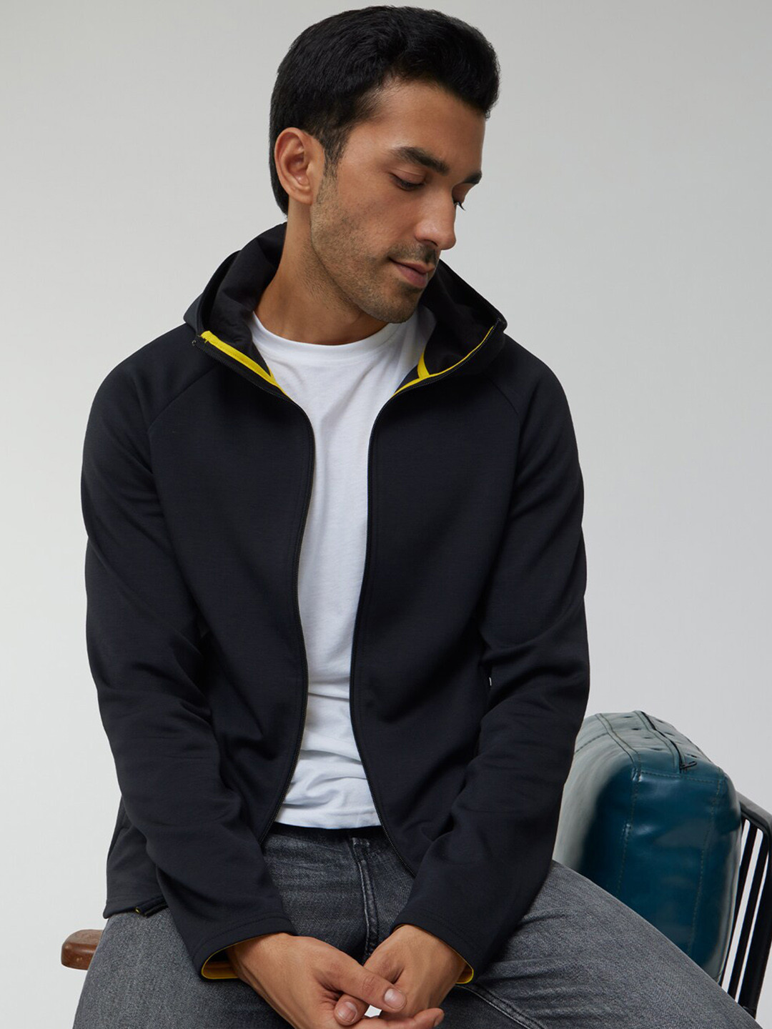 XYXX Men Regular Fit Solid Pitch Black Hooded Jacket