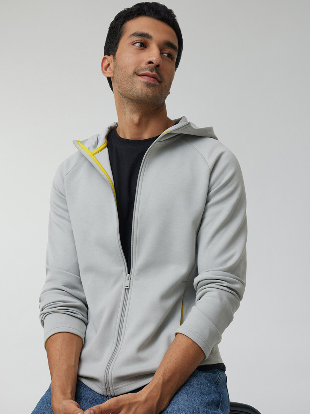 XYXX Men Regular Fit Solid Moon Grey Hooded Jacket