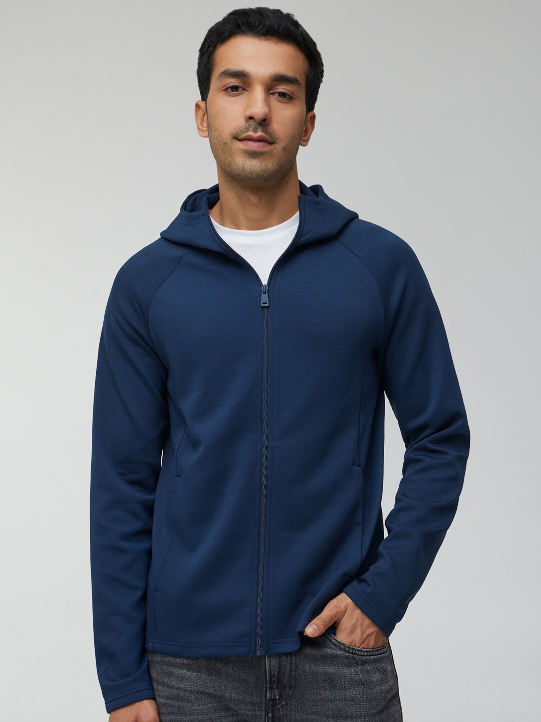 XYXX Men Regular Fit Solid Midnight Blue Hooded Jacket