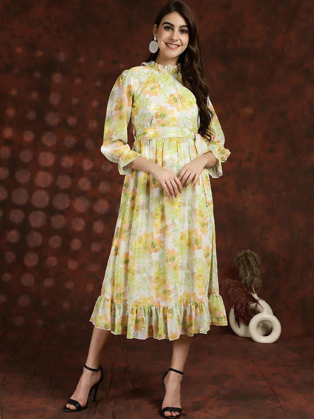 Claura Yellow Floral Printed Puff Sleeves Georgette A-Line Midi Dress