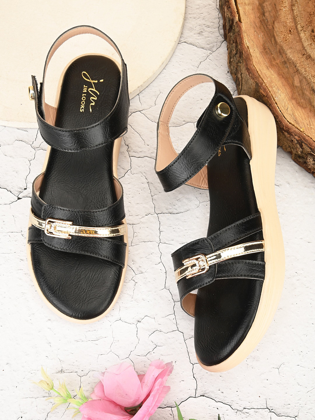 JM Looks Buckle Embellished Open Toe Flats