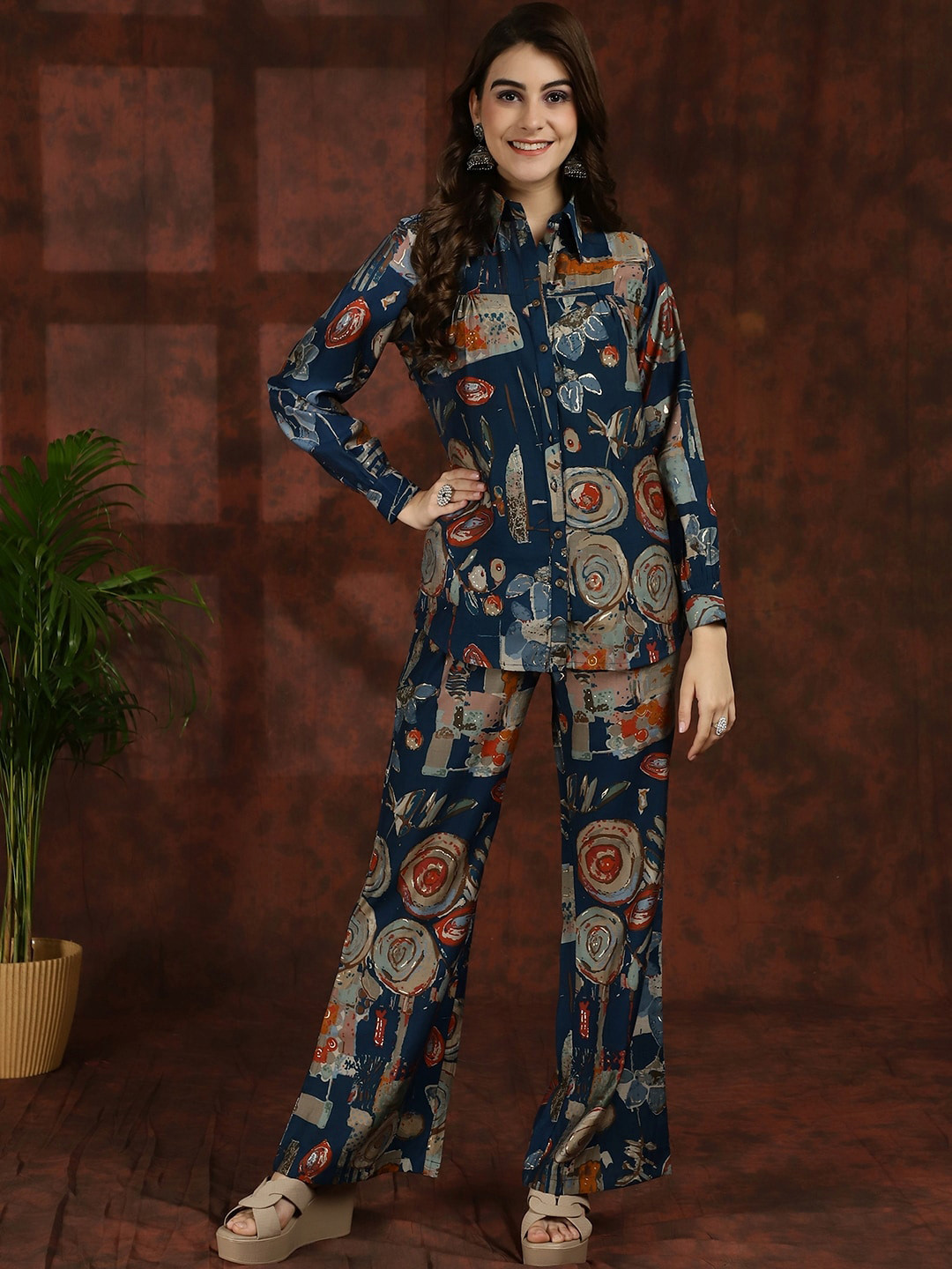 Claura Printed Shirt Collar Tunic With Trousers Co-Ords