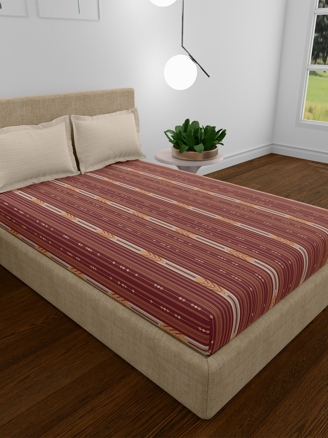 MYTRIDENT Utsav Maroon Geometric Cotton 120 TC Queen Bedsheet with 2 Pillow Covers-254 x 228 cm