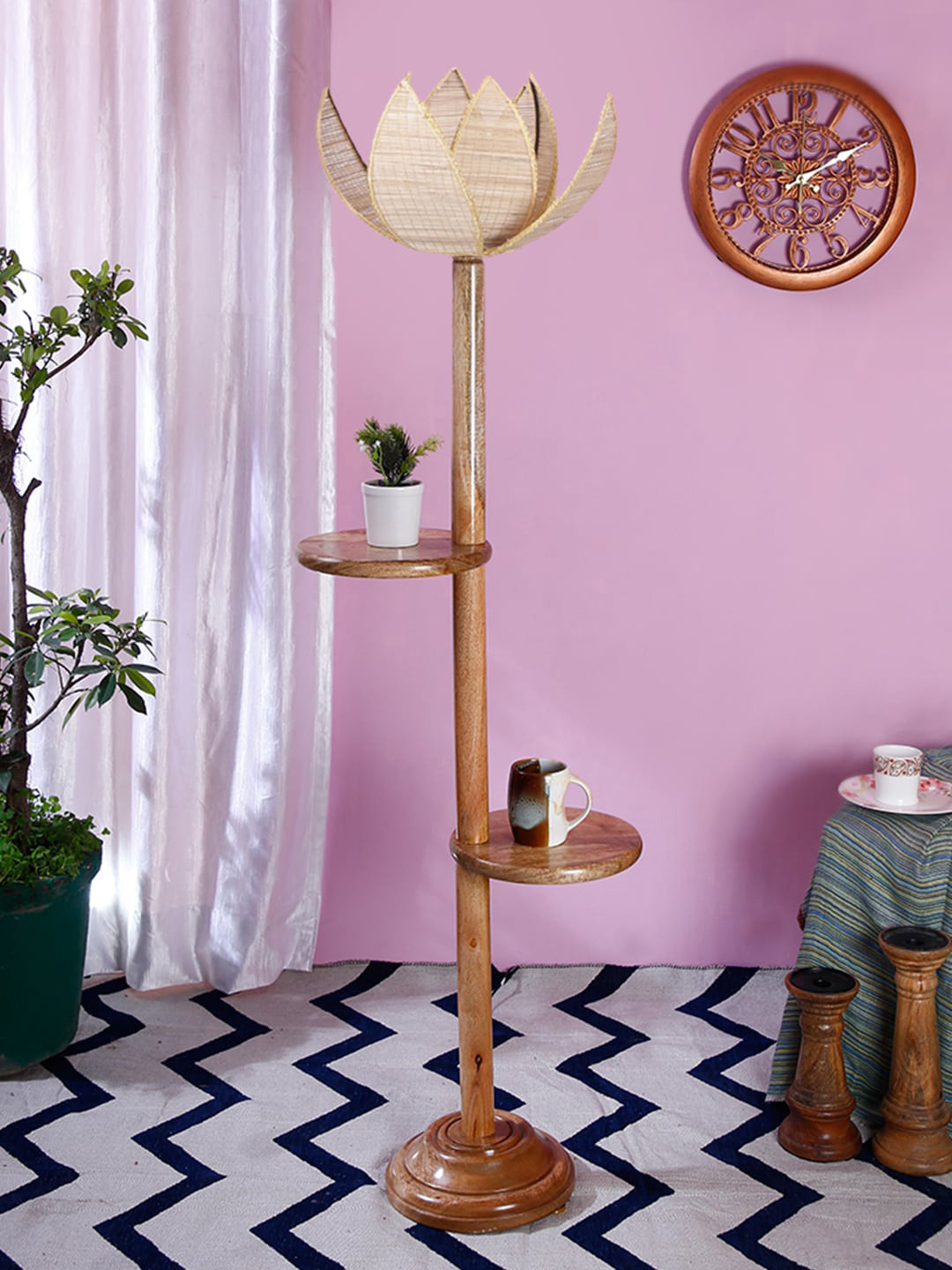 Devansh Beige Bamboo Lotus Wooden Floor Lamp