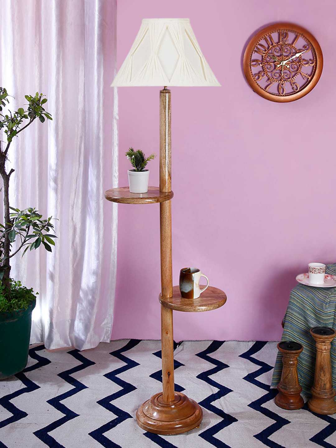 Devansh White & Beige Curtain Pleated Shade Wood Floor Lamp