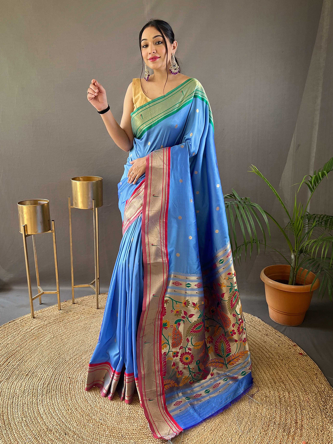 Mitera Blue & Green Ethnic Motifs Woven Designed Zari Paithani Saree