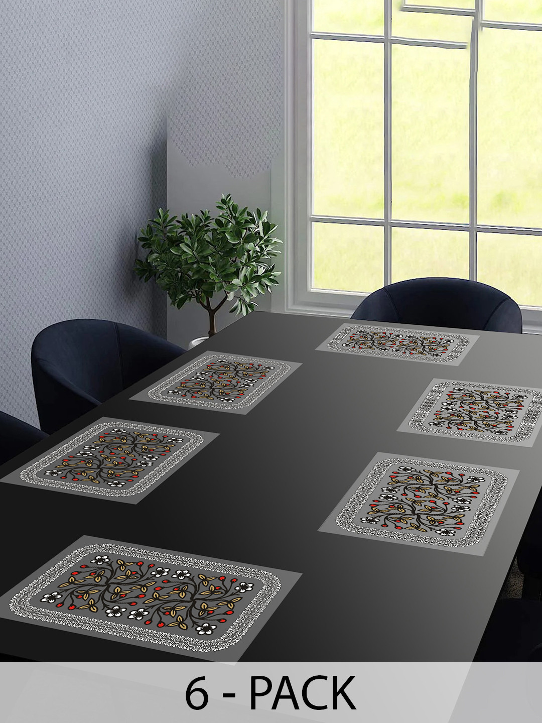 Dakshya Industries New Blossom Grey 6 Pcs Floral Water Proof Rectangle Table Placemats