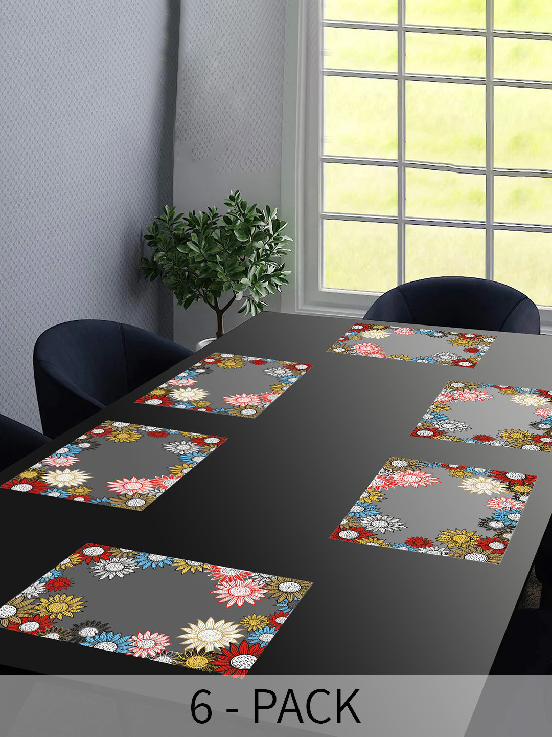 Dakshya Industries New Blossom Grey & Red 6 Pieces Printed Rectangle Table Placemats