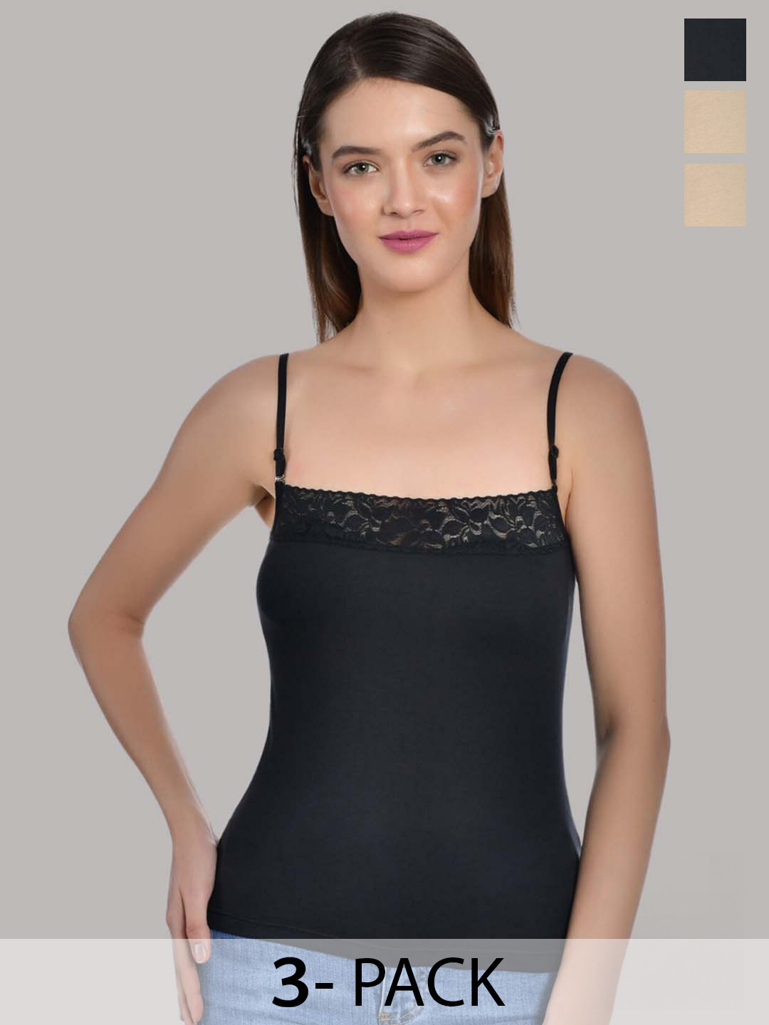 Aimly Pack Of 3 Cotton Lace Spaghetti Slip Camisoles