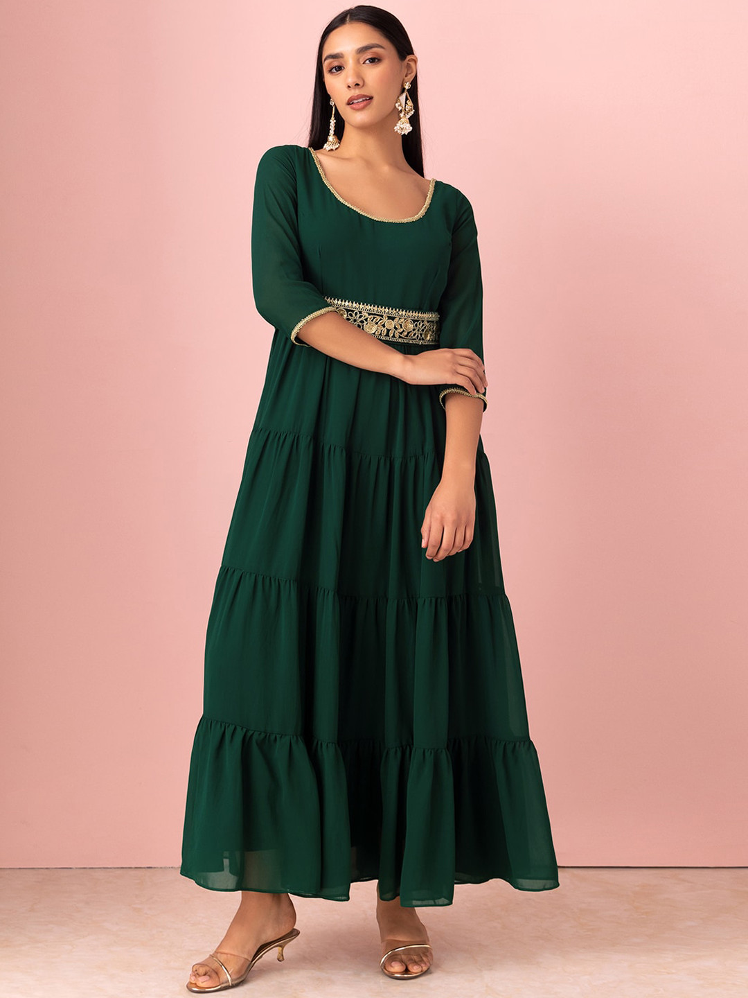 INDYA Fit and Flare Georgette Ethnic Dress With Embroidered Belt